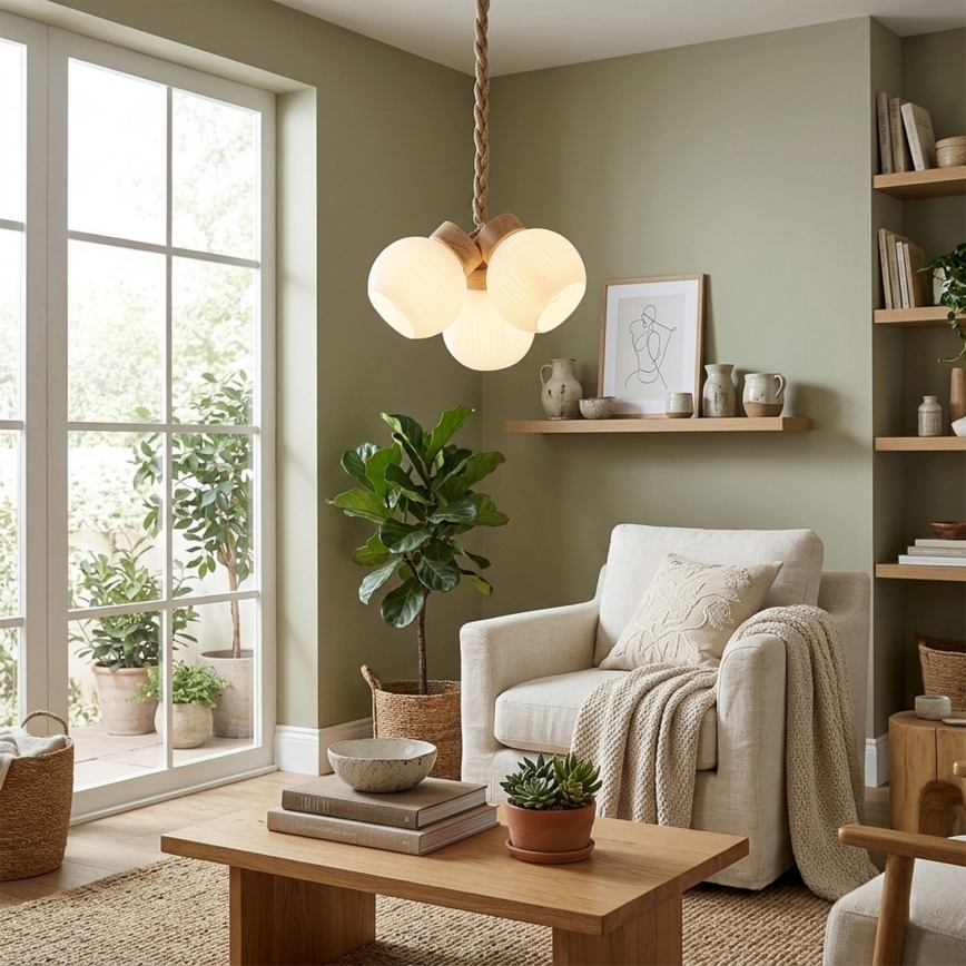 LOOMIS Cable Pendant Light 3xE27/15W/230V, 83 cm, Beige/Oak