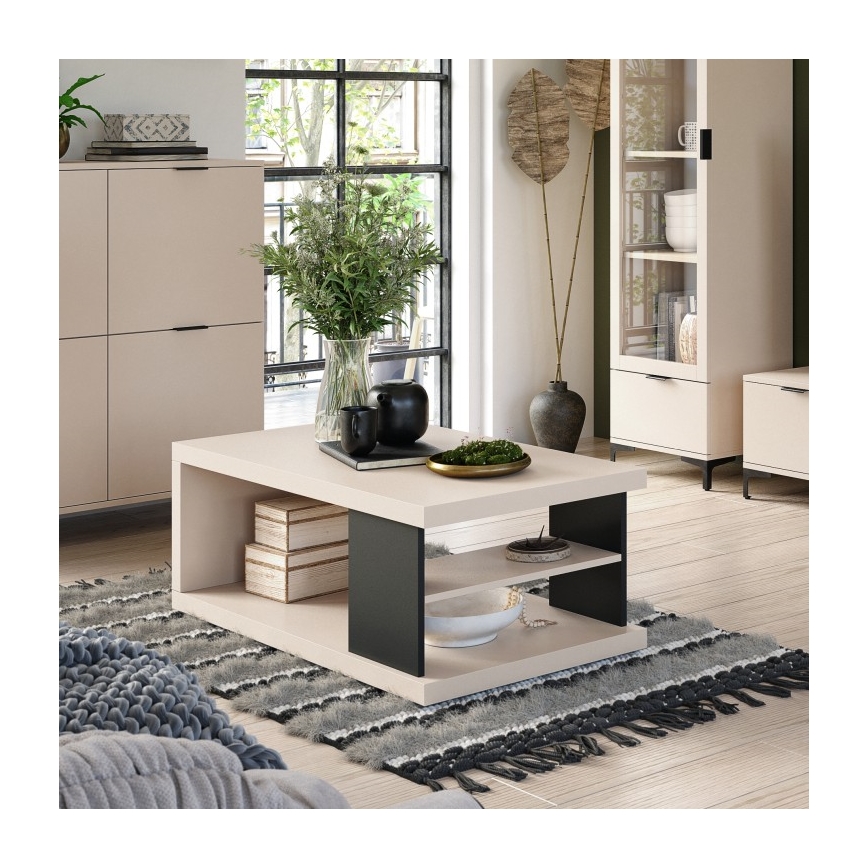 LORA coffee table with shelf and storage, beige/black