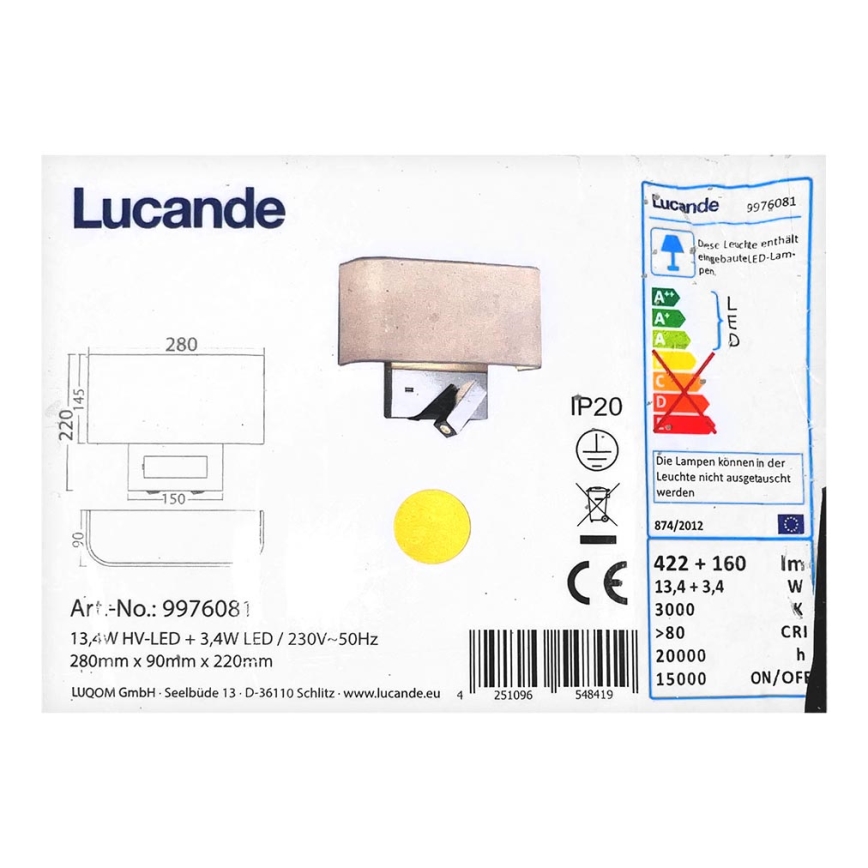 Lucande - LED Wall lamp VIRVE 1XLED/13,4W/230V + 1xLED/3,4W/230V