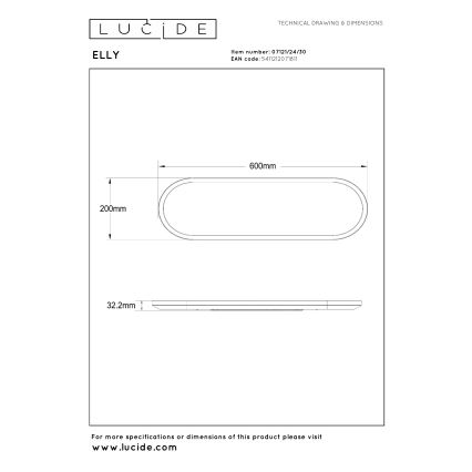 Lucide 07121/24/30 - ELLY Dimmable LED Ceiling Light 24W/230V 2700/3300/4000K 20x60 cm