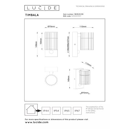 Lucide 11839/01/30 - Outdoor wall light with sensor TIMBALA 1xGU10/7W/230V IP44