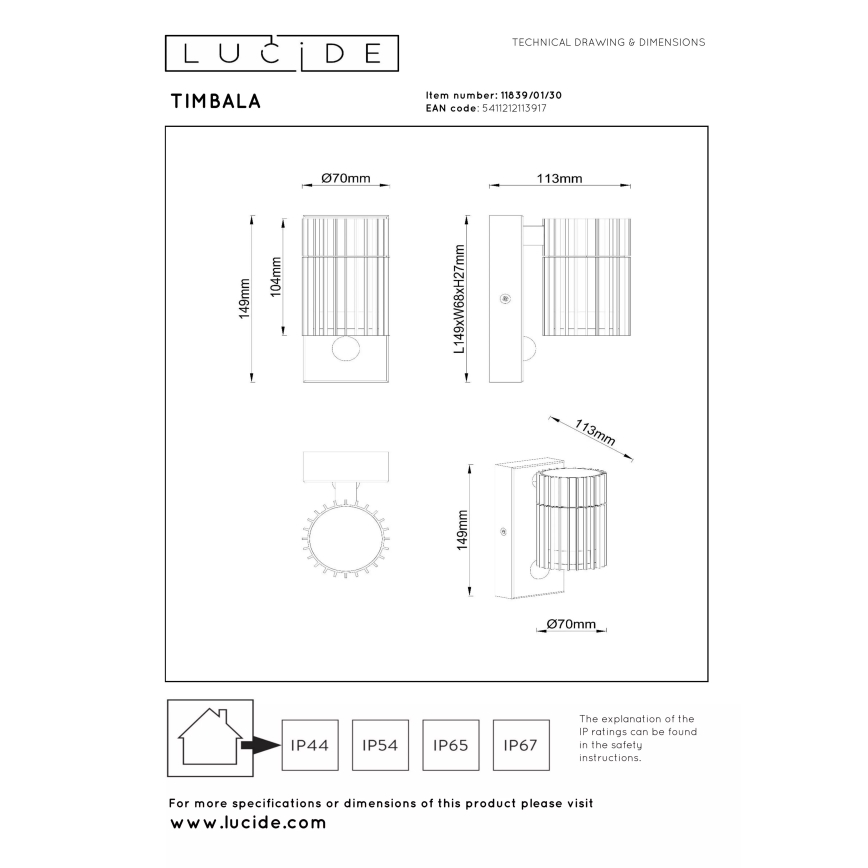 Lucide 11839/01/30 - Outdoor wall light with sensor TIMBALA 1xGU10/7W/230V IP44