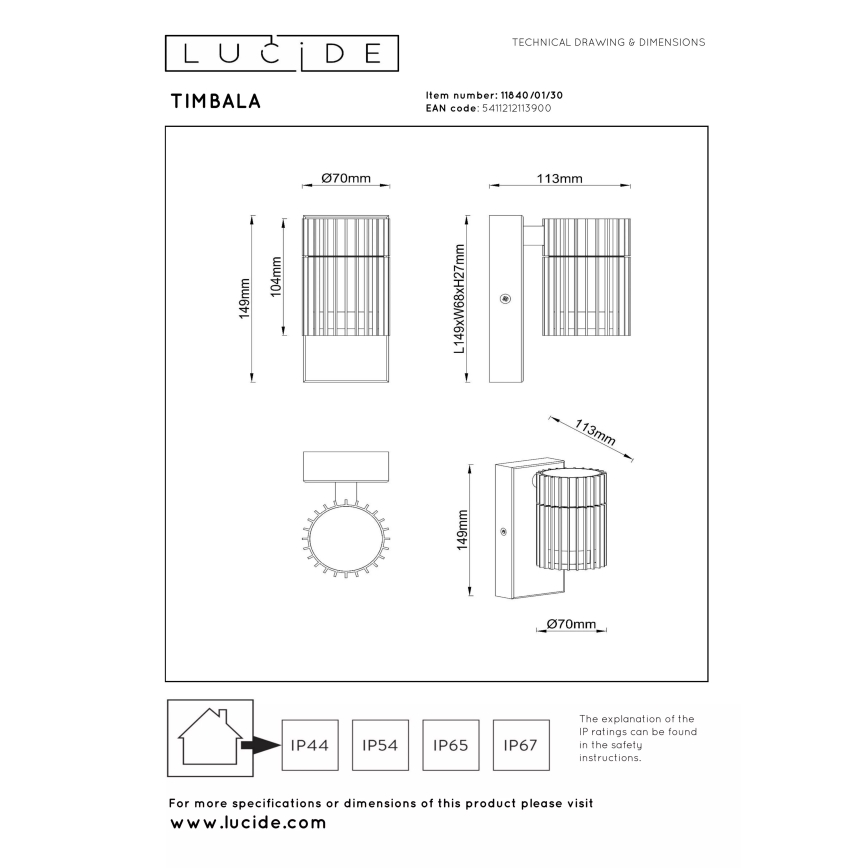 Lucide 11840/01/30 - TIMBALA Outdoor Wall Light 1xGU10/7W/230V IP44