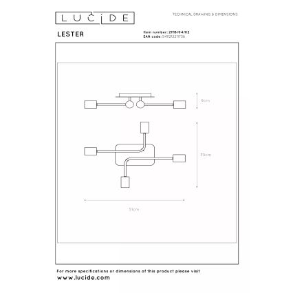 Lucide 21118/04/02 - LESTER Flush-mount Chandelier 4xE27/40W/230V Gold