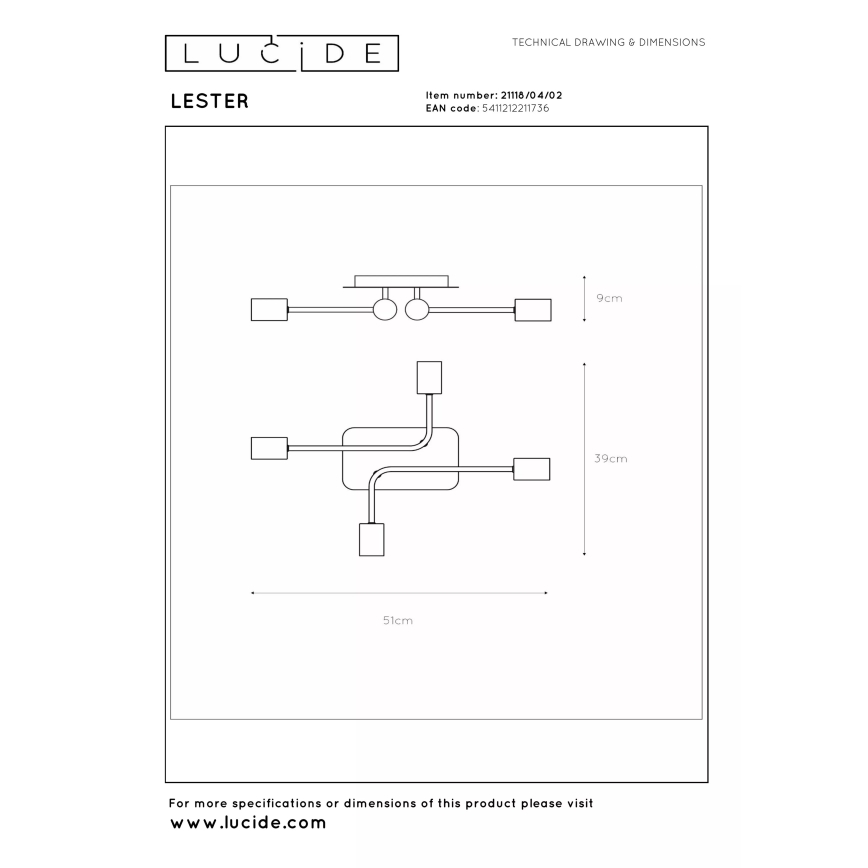 Lucide 21118/04/02 - LESTER Flush-mount Chandelier 4xE27/40W/230V Gold