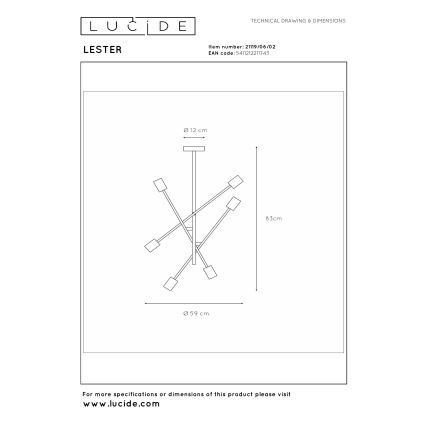 Lucide 21119/06/02 - LESTER Rod Chandelier 6xE27/40W/230V