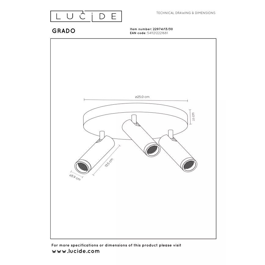 Lucide 22974/13/30 - GRADO spotlight 3x GU10, max. 40W per lamp, 230V, black