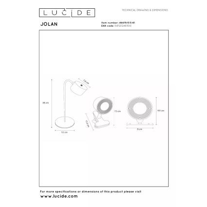 Lucide 46619/03/41 - JOLAN LED Dimmable Rechargeable Desk Lamp LED/3,5W/5V