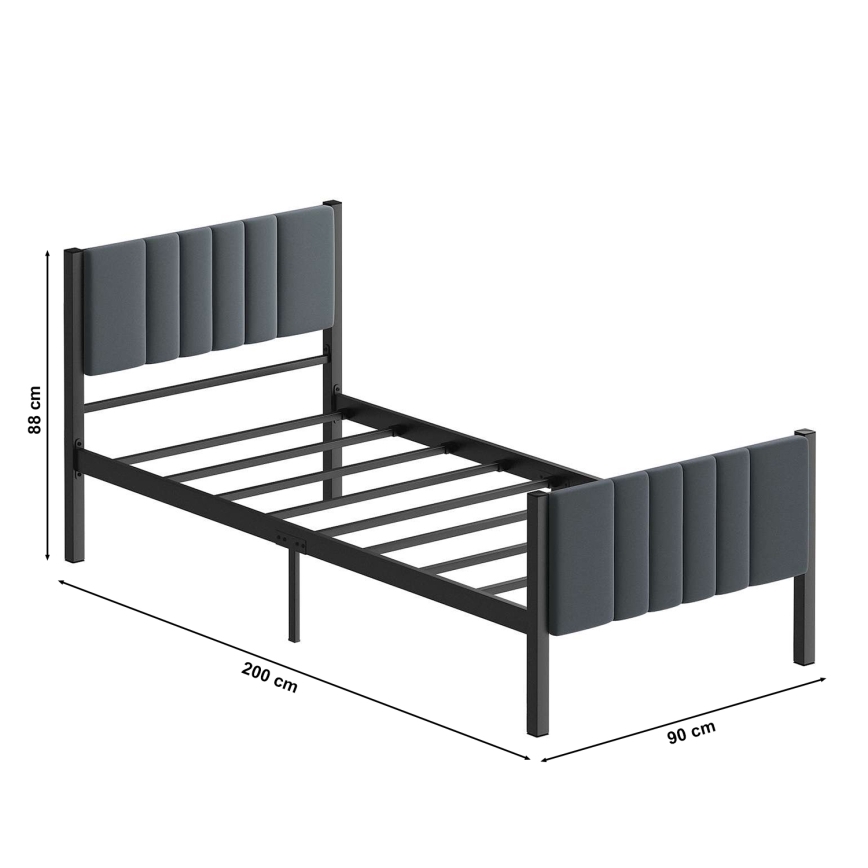 LUNOR Metal Single Bed 90x200 cm, Anthracite — 120 kg Load Capacity