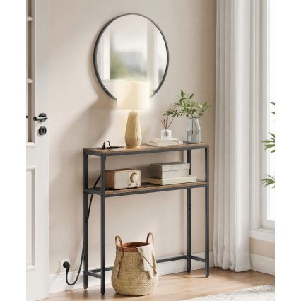 LUVOR 80 x 20 cm console table with built-in power outlets and USB ports, brown/black