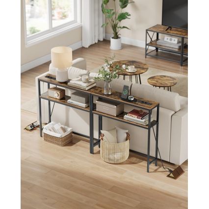 LUVOR 80 x 20 cm console table with built-in power outlets and USB ports, brown/black