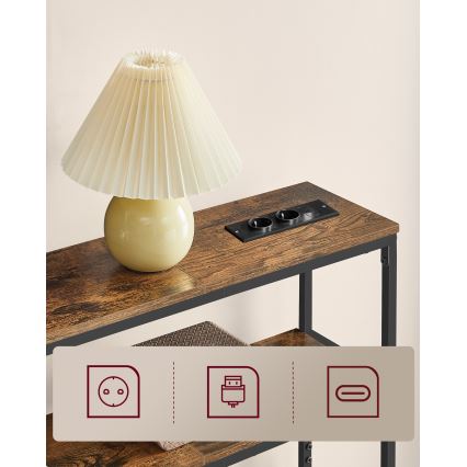 LUVOR 80 x 20 cm console table with built-in power outlets and USB ports, brown/black