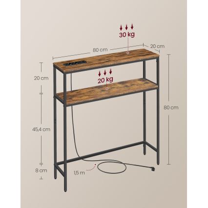 LUVOR 80 x 20 cm console table with built-in power outlets and USB ports, brown/black