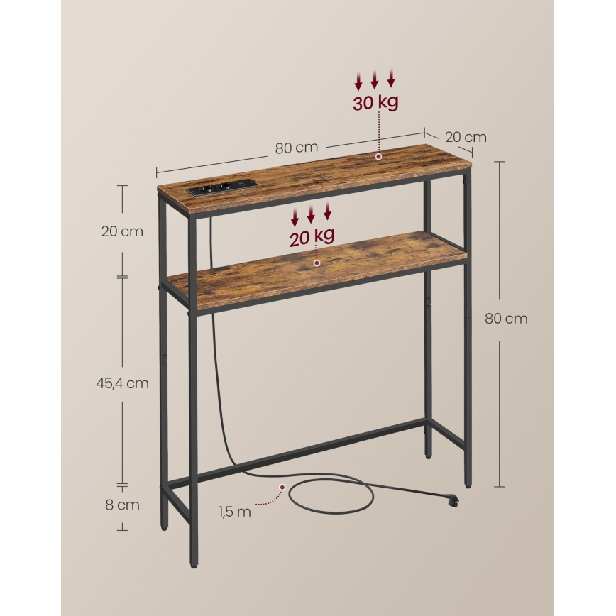 LUVOR 80 x 20 cm console table with built-in power outlets and USB ports, brown/black