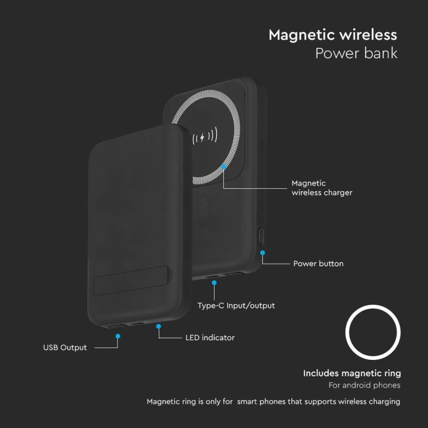 Magnetic Power Bank with wireless charging Power Delivery 10 000mAh/20W/3,7V black