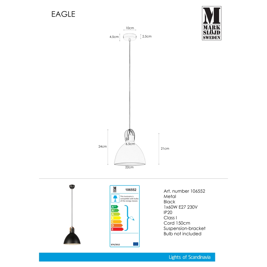 Markslöjd 106552 - Chandelier on a string EAGLE 1xE27/60W/230V black