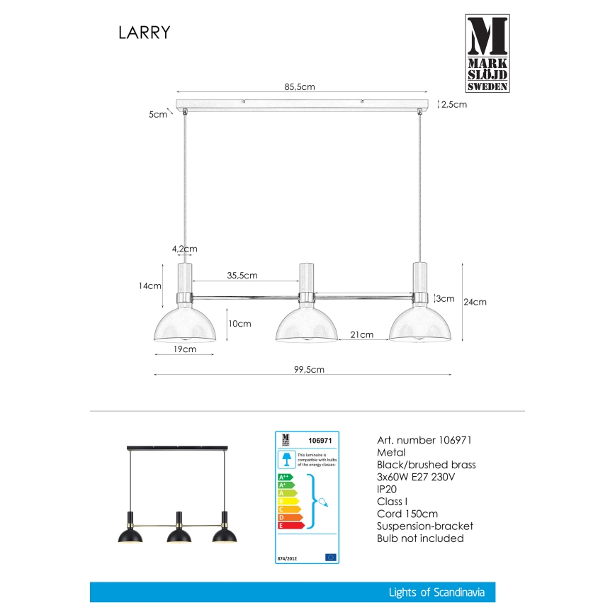 Markslöjd 106971 - Chandelier on a string LARRY 3xE27/60W/230V black/golden