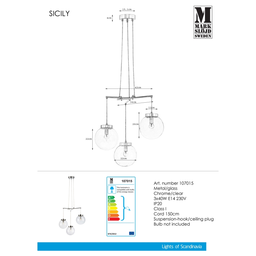 Markslöjd 107015 - Chandelier on a string SICILY 3xE14/40W/230V
