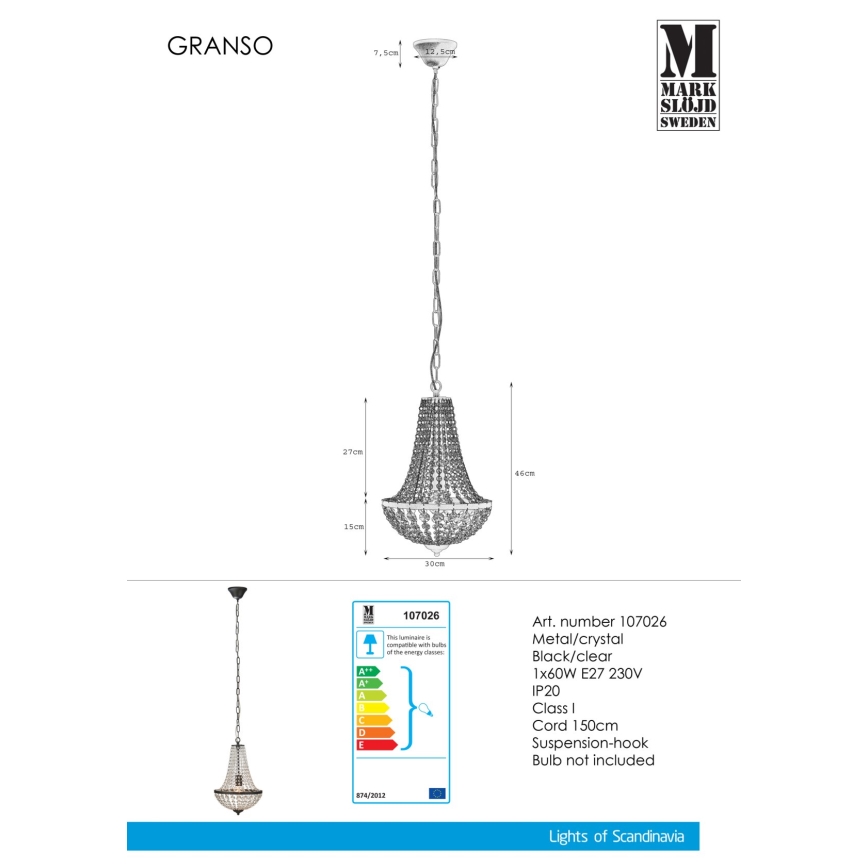 Markslöjd 107026 - Crystal chandelier on a chain GRÄNSÖ 1xE27/60W/230V