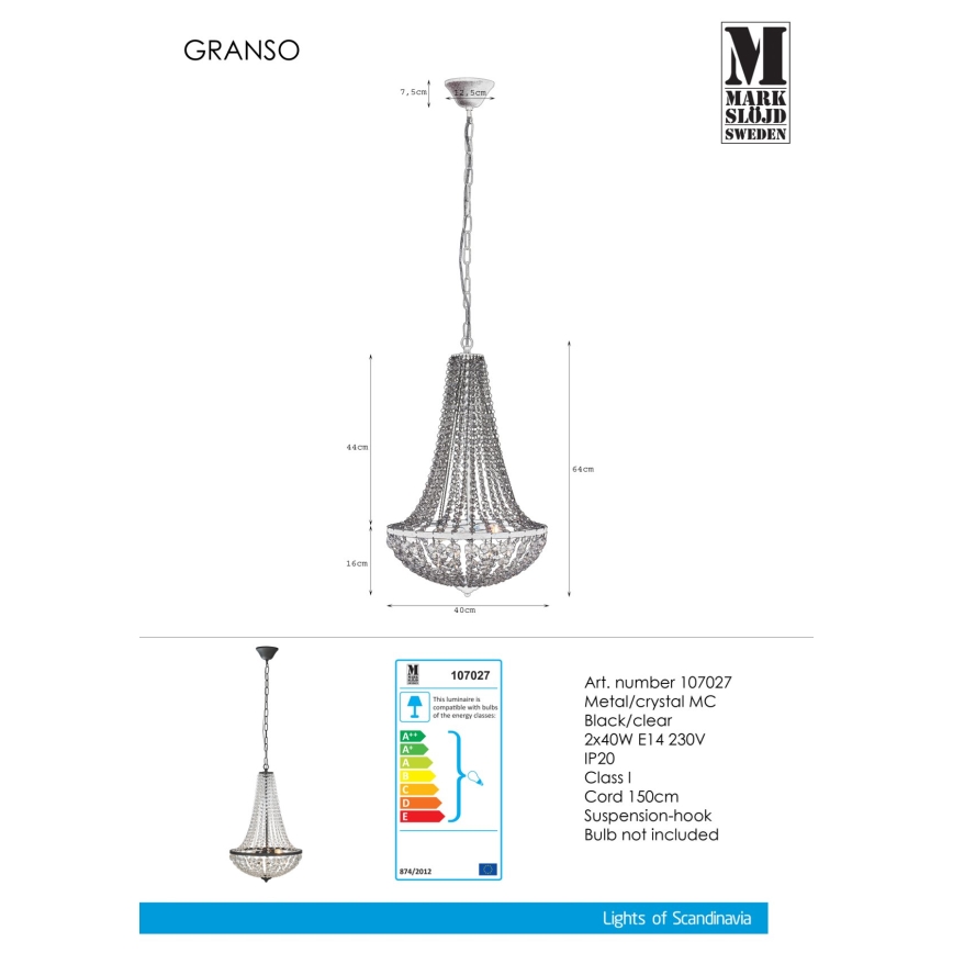 Markslöjd 107027 - Crystal chandelier on a chain GRÄNSÖ 2xE14/40W/230V