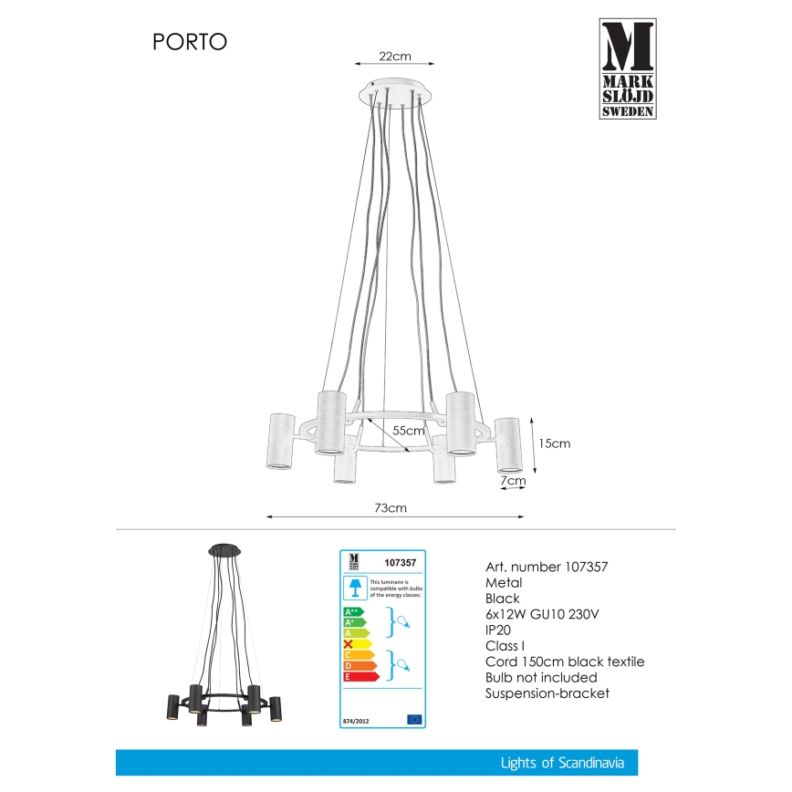 Markslöjd 107357 - Chandelier on a string PORTO 6xGU10/12W/230V
