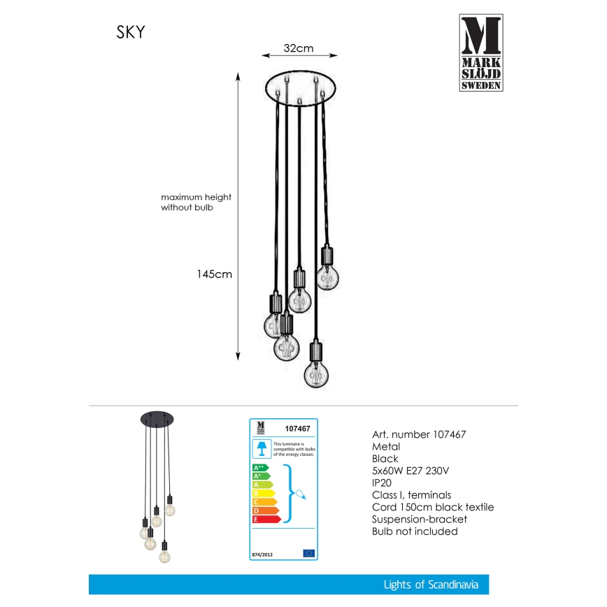 Markslöjd 107467 - Chandelier on a string SKY 5xE27/60W/230V
