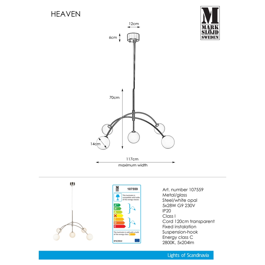 Markslöjd 107559 - Chandelier on a string HEAVEN 5xG9/28W/230V
