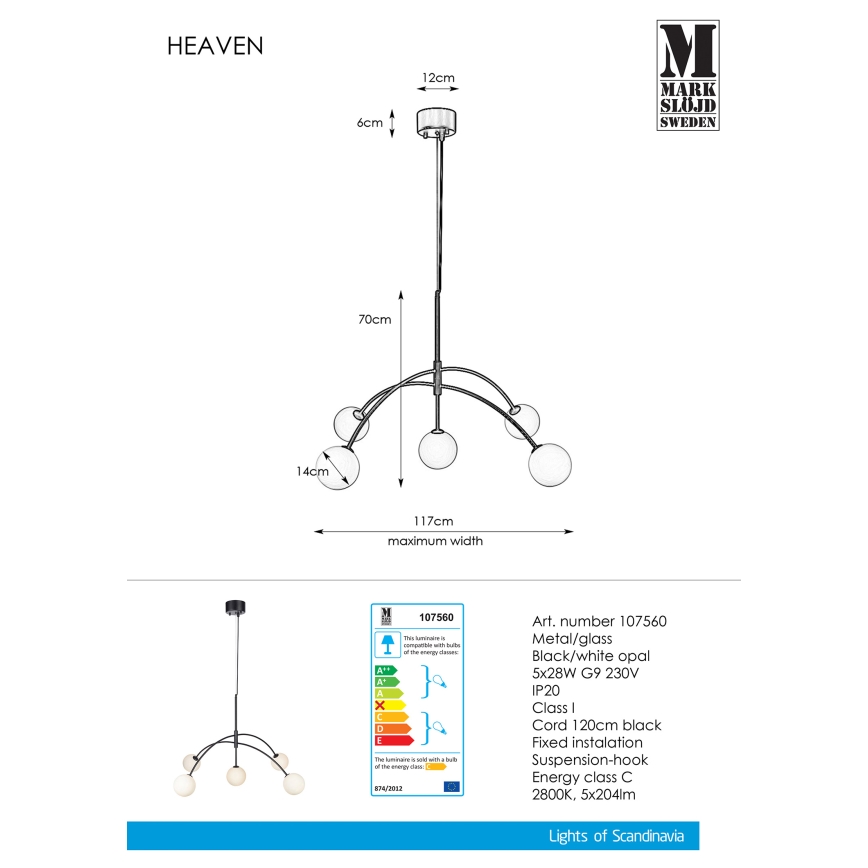 Markslöjd 107560 - Chandelier on a string HEAVEN 5xG9/28W/230V