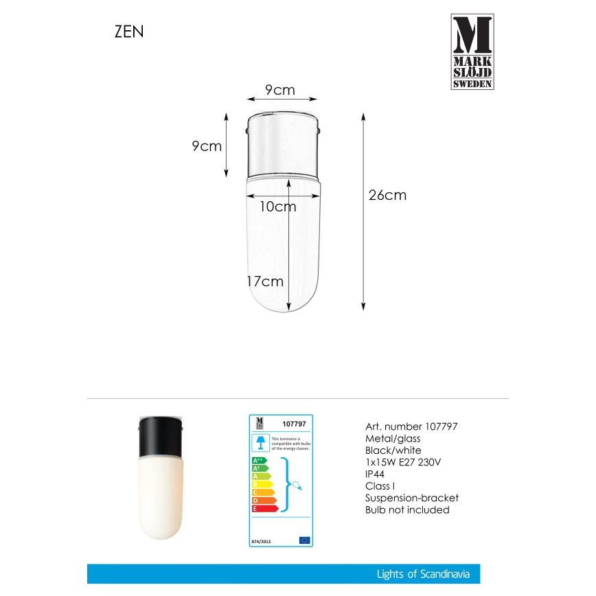 Markslöjd 107797 - Bathroom ceiling light ZEN 1xE27/15W/230V IP44
