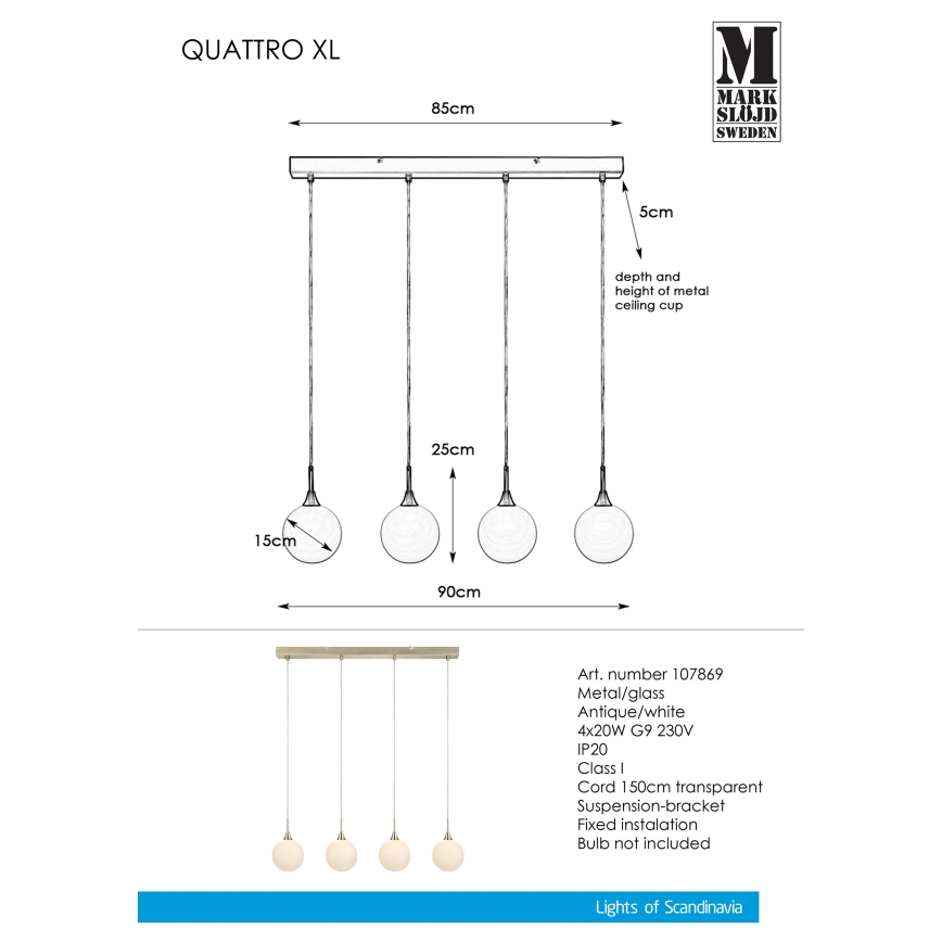 Markslöjd 107869 - Chandelier on a string QUATTRO XL 4xG9/20W/230V