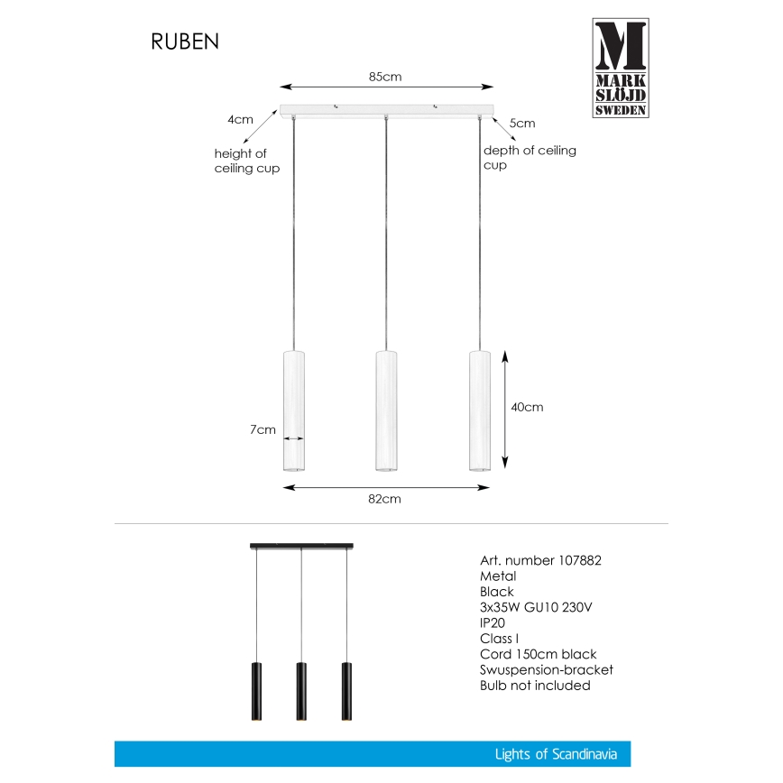 Markslöjd 107882 - Chandelier on a string RUBEN 3xGU10/35W/230V