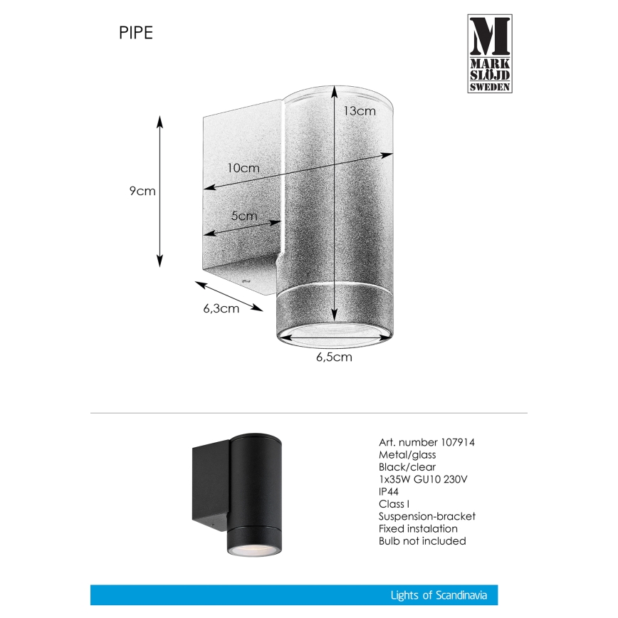 Markslöjd 107914 - Outdoor wall light PIPE 1xGU10/35W/230V IP44