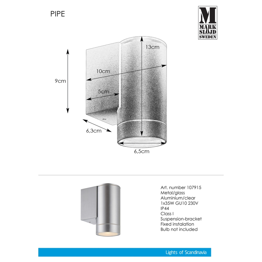Markslöjd 107915 - Outdoor wall light PIPE 1xGU10/35W/230V IP44