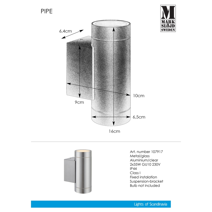Markslöjd 107917 - Outdoor wall light PIPE 2xGU10/35W/230V IP44