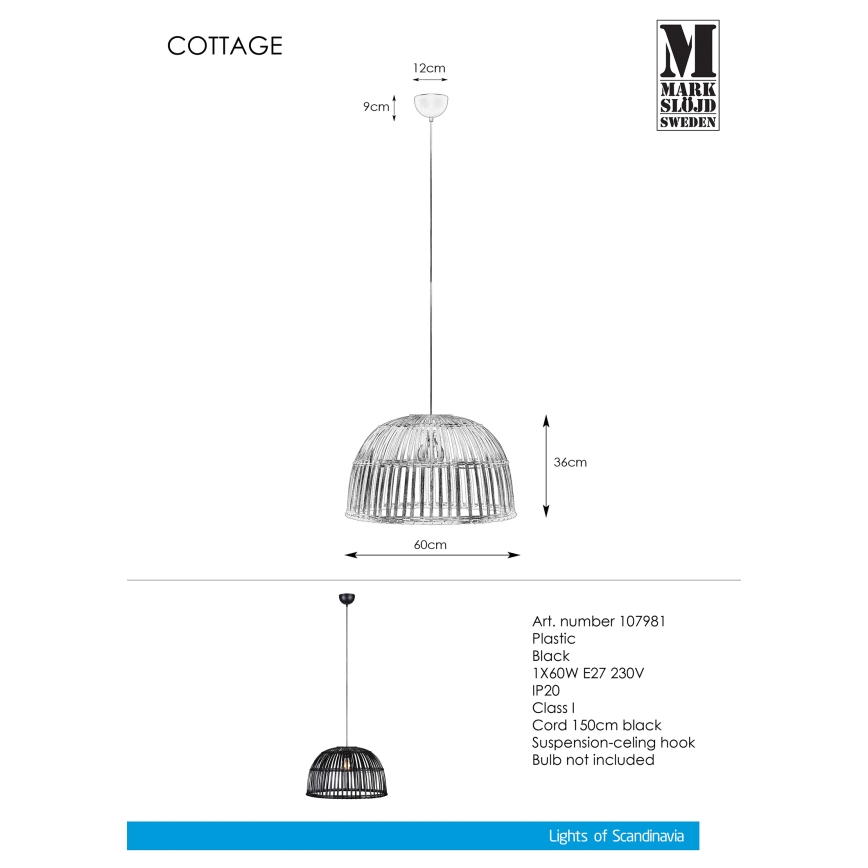 Markslöjd 107981 - Chandelier on a string COTTAGE 1xE27/60W/230V