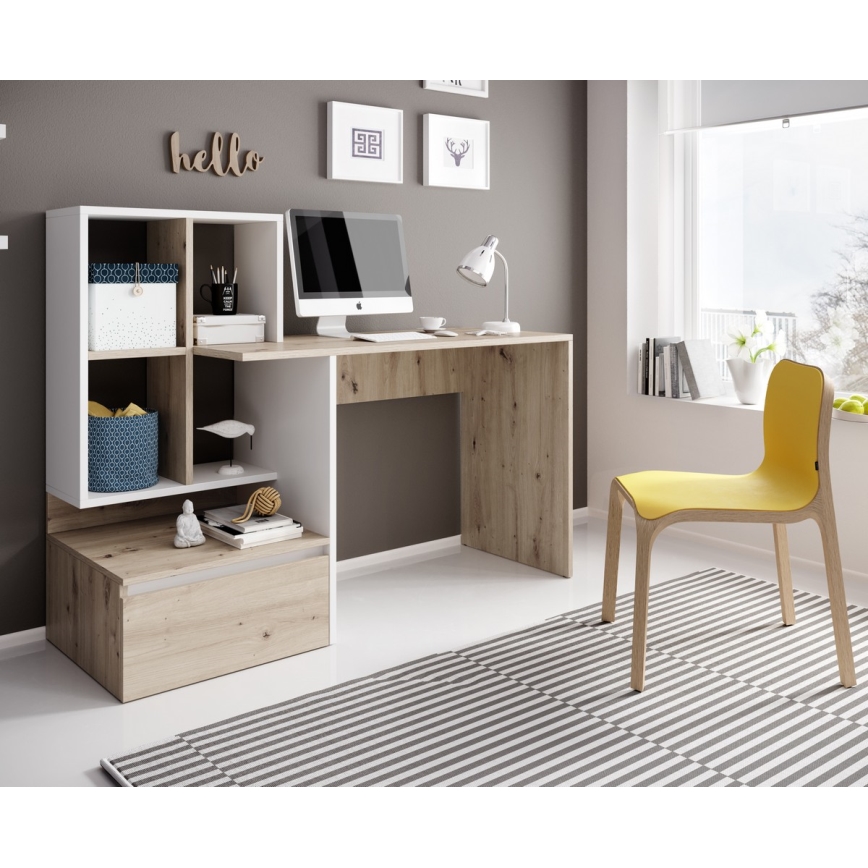 MARLO Writing Desk with Shelf, Artisan Oak/White