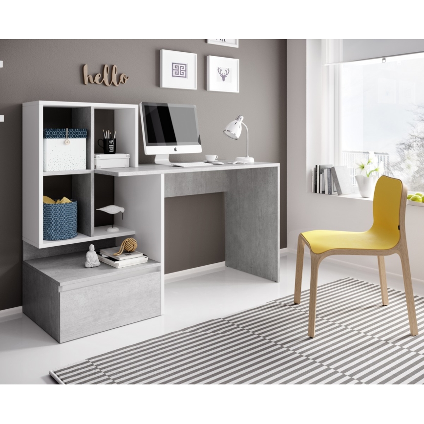 MARLO Writing Desk with Shelf — Concrete Grey/White