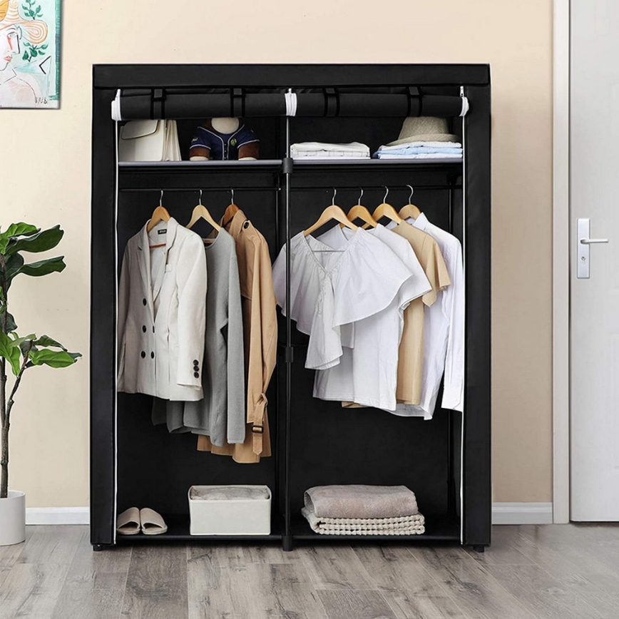 MATIS 140 x 174 cm Fabric Storage Wardrobe with Shelves and Clothes Rail, Black