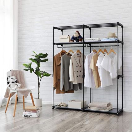 MATIS 140 x 174 cm Fabric Storage Wardrobe with Shelves and Clothes Rail, Black