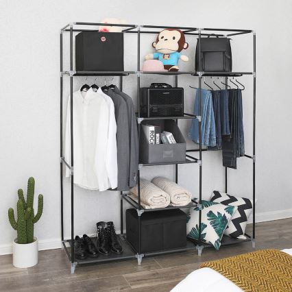 MATIS Fabric Storage Wardrobe with Shelves and Clothes Rail 150x175 cm Black
