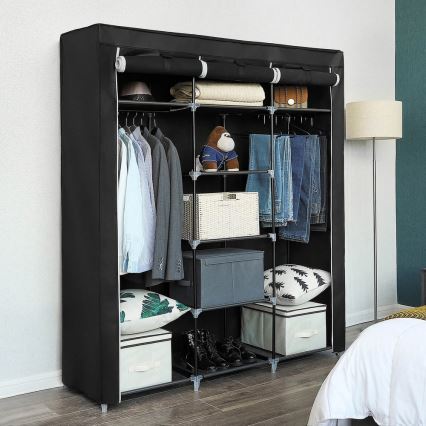 MATIS Fabric Storage Wardrobe with Shelves and Clothes Rail 150x175 cm Black