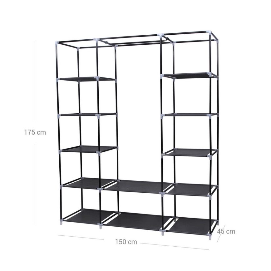 MATIS Fabric Storage Wardrobe with Shelves and Hanging Rail, 150 x 175 x 45 cm, Black