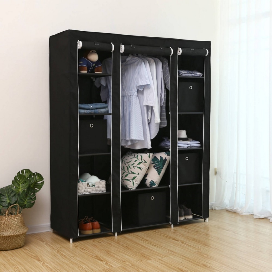 MATIS fabric wardrobe with shelves and clothes rail, 150 x 175 cm, black