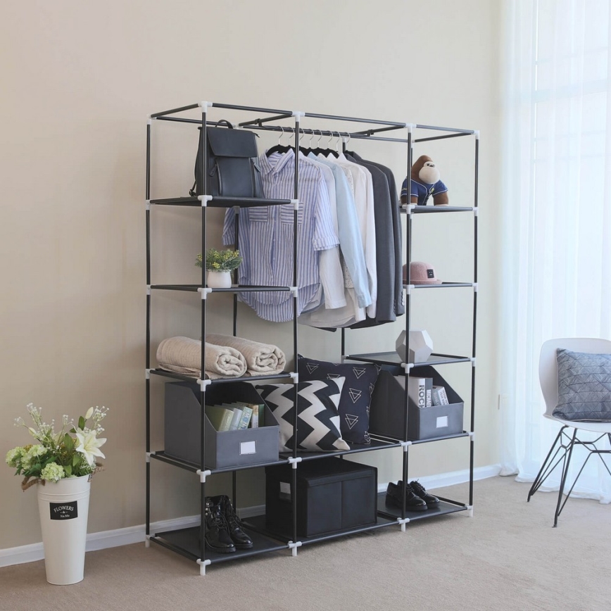 MATIS fabric wardrobe with shelves and clothes rail, 150 x 175 cm, black