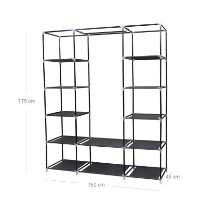 MATIS fabric wardrobe with shelves and clothes rail, 150 x 175 cm, black