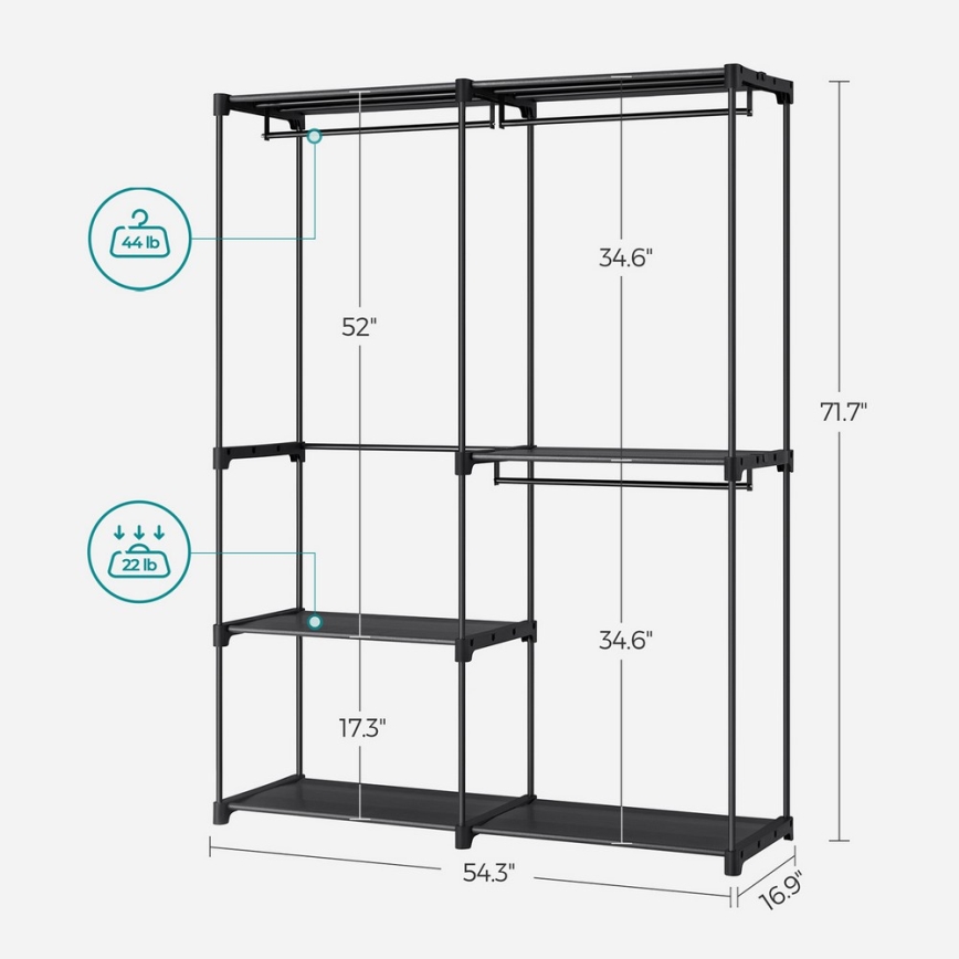 MATIS Storage Wardrobe with Shelves and Clothes Rail, 138x182 cm, Black