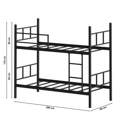 MAVEN Metal Bunk Bed 90x200 cm, Black, Load Capacity 2x100 kg