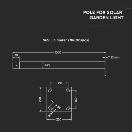 Metal pole with stand for solar light 3 m