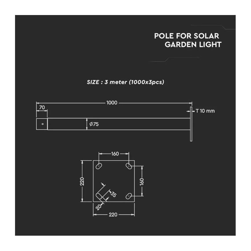 Metal pole with stand for solar light 3 m