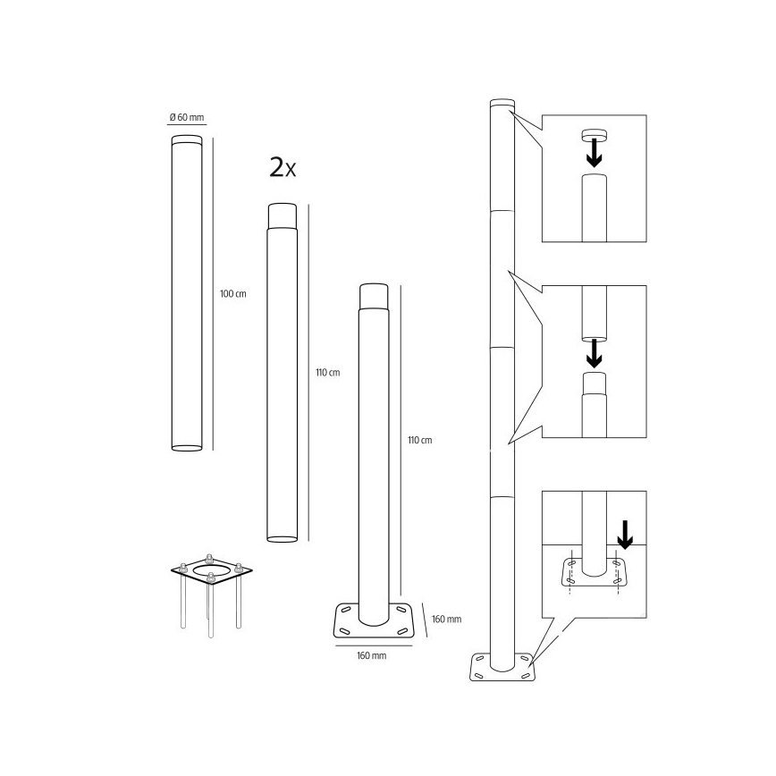 Metal post for BASE outdoor lighting – 4 m, 60 mm diameter, black